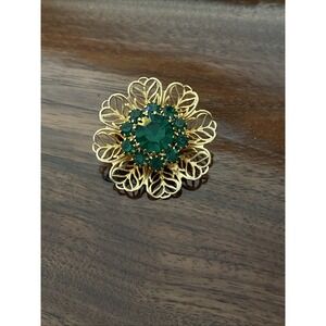 Flower Filigree Style Green RhinestonesVintage Gold Brooch